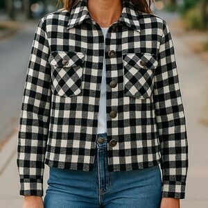 C by One Black and White Utility Jacket with Classic Checkered Design XS